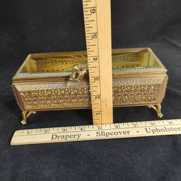 Vintage Gold Filigree Casket Jewelry Box Etched Starburst Hinged Lid Cherub - Picture 11 of 11